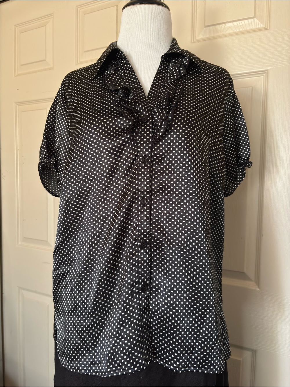 Vintage Satin Polka Dot Ruffle-Front Button Down Shirt - Black/White